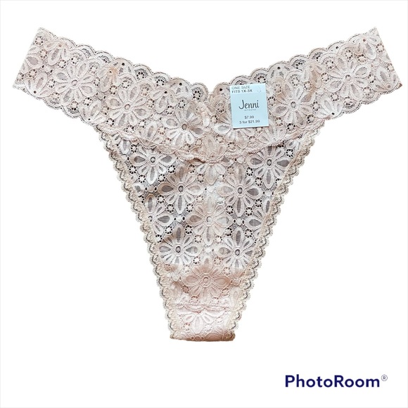 5/$25 NEW! Jenni Intimates cream lace thong panties PLUS SIZE OSFM (1X-3X) - Picture 1 of 13